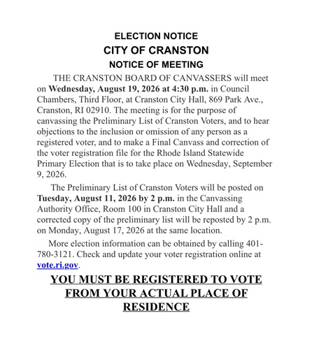 ELECTION NOTICE - CITY OF CRANSTON - NOTICE OF MEETING