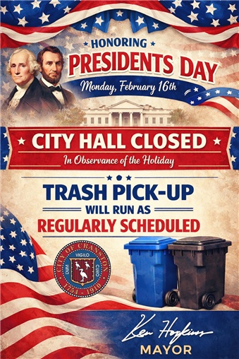 City Offices Closed Monday, February 16, 2026 / Regularly Scheduled Trash Collection