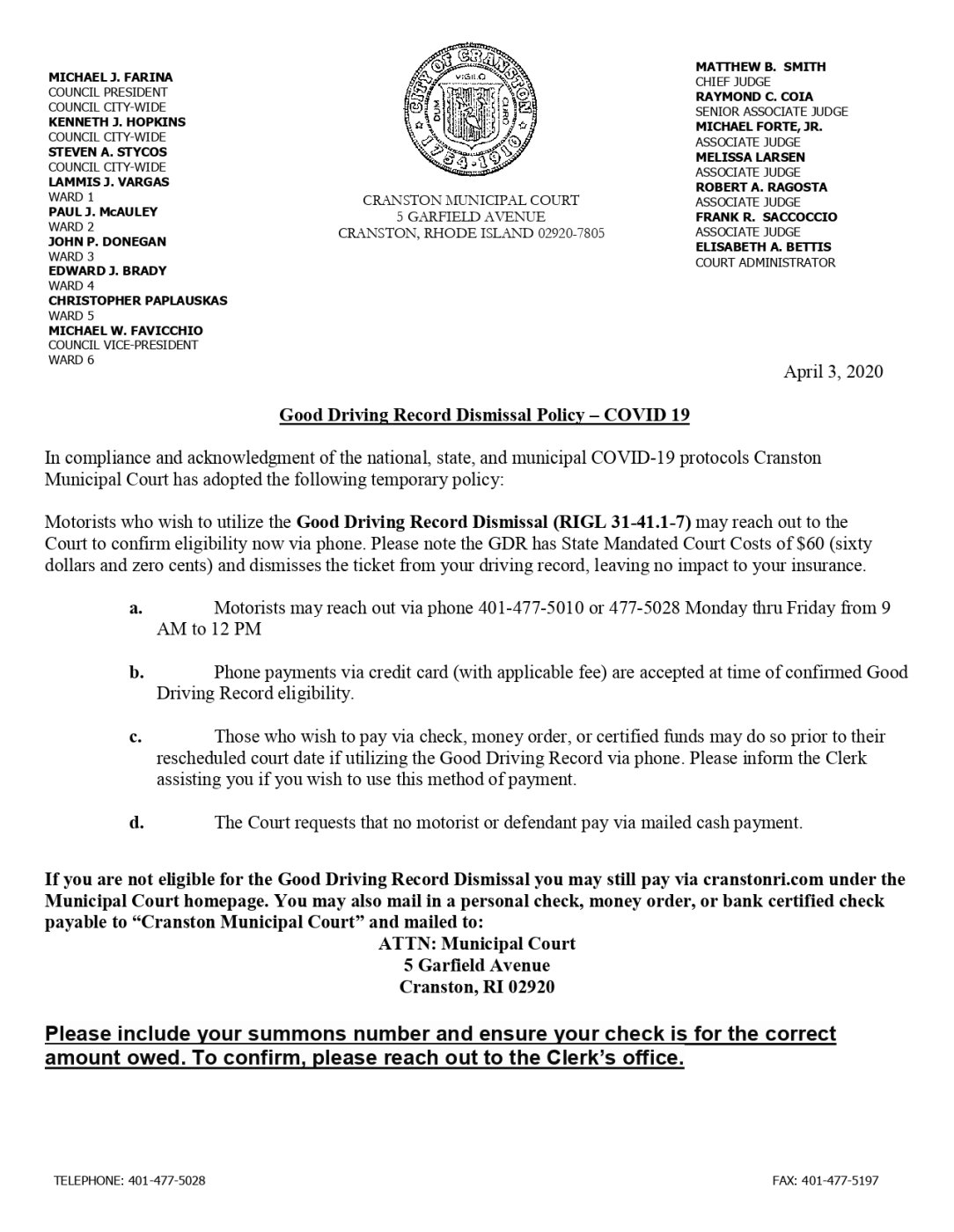Good Driving Record Dismissal Policy – COVID 19
